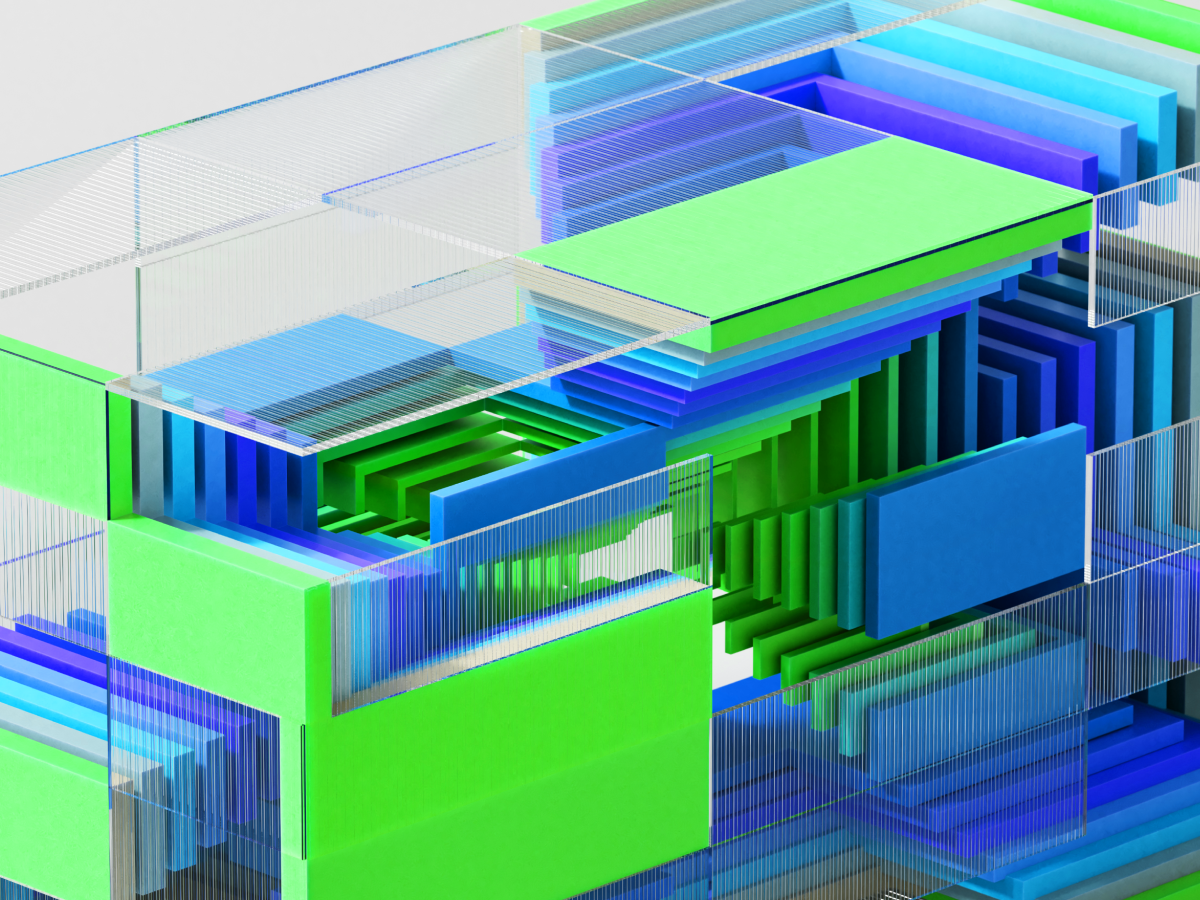 Abstract 3D rendering of colorful geometric blocks in green, blue and purple tones.