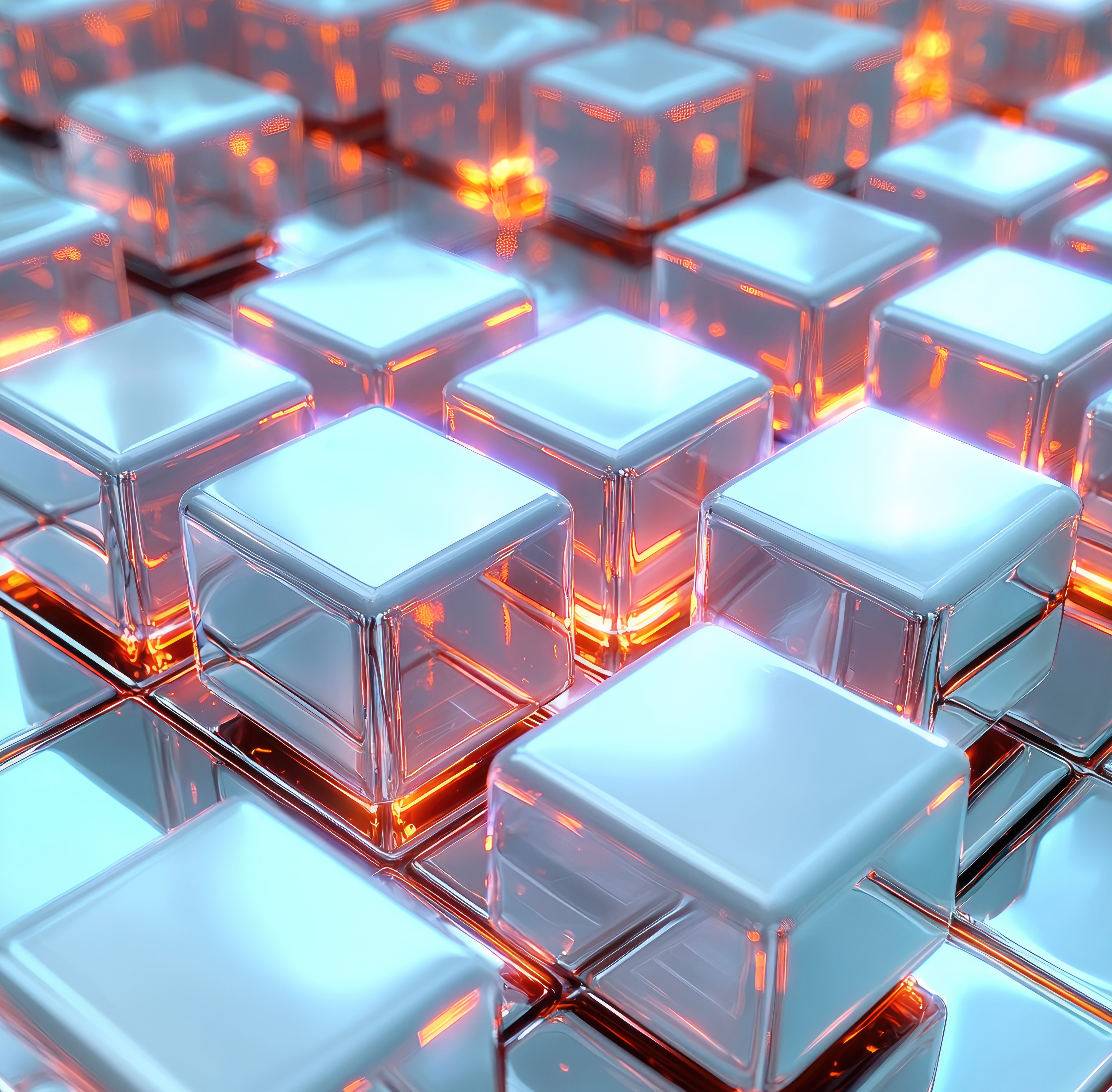3D grid of chrome and glass cubes with orange light glowing from gaps, evoking digital innovation.