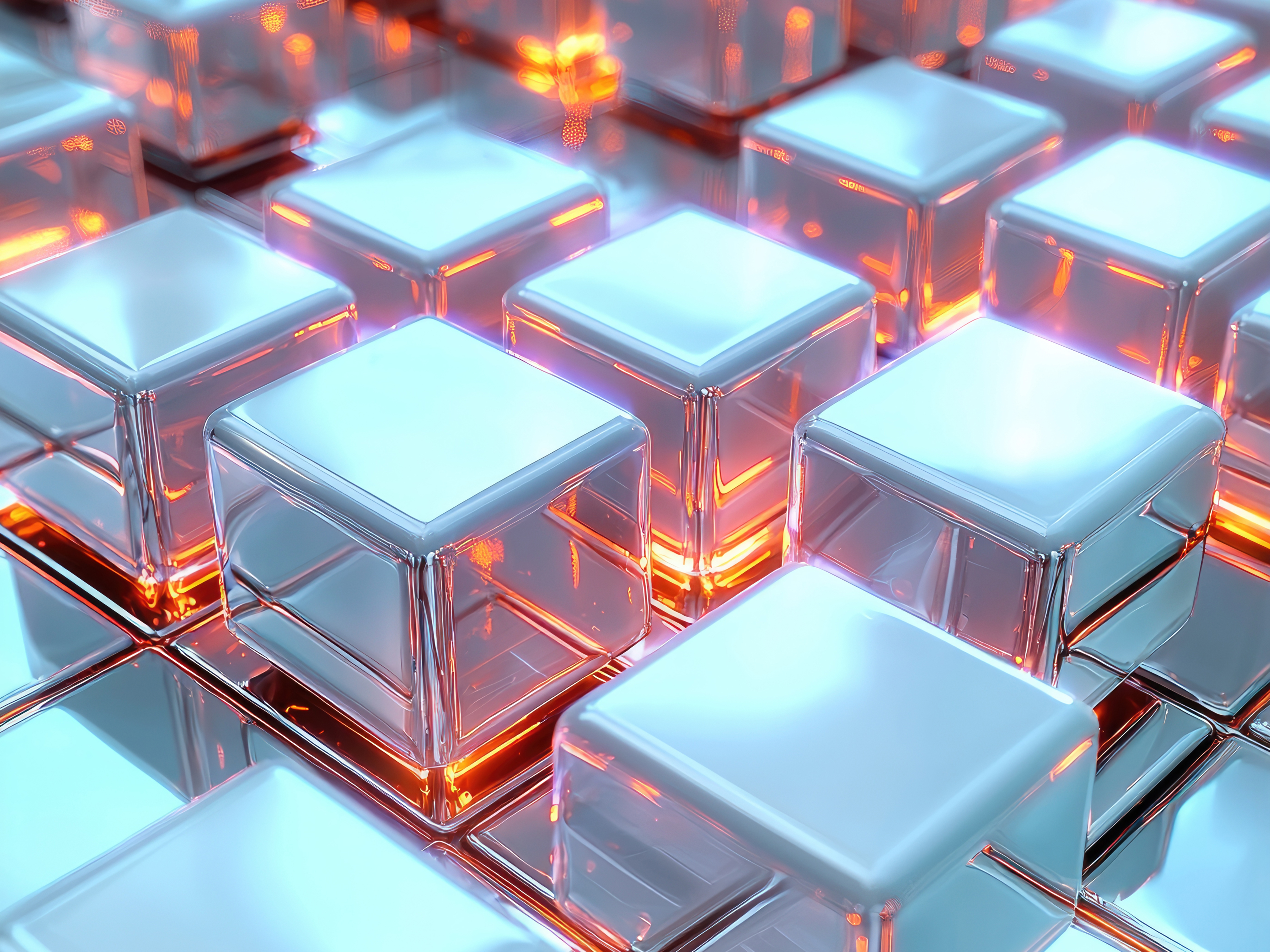 3D grid of chrome and glass cubes with orange light glowing from gaps, evoking digital innovation.